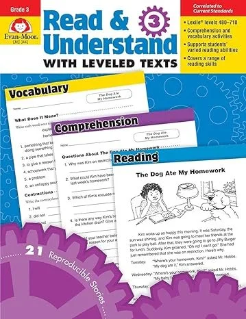 A set of educational reading and understanding books for third grade, featuring colorful covers with titles like 'Vocabulary,' 'Comprehension,' and 'Reading.' The books emphasize leveled texts, vocabulary activities, and reproducible stories, and are