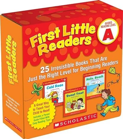 A box of First Little Readers, a Scholastic book set for beginning readers, featuring 25 books with guided reading level A, including titles like Cold Rose, Sweet Treat, and Hello Beach.