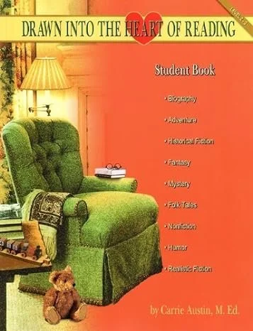 Cover of a student book titled 'Drawn Into the Heart of Reading' featuring a green armchair, a teddy bear, a side table with a lamp, and a pink wall.