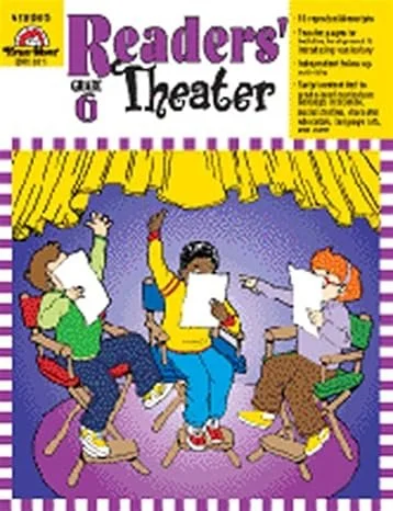 Children sitting in a circle reading scripts during a theater practice, with a yellow curtain backdrop and a purple and white striped border.