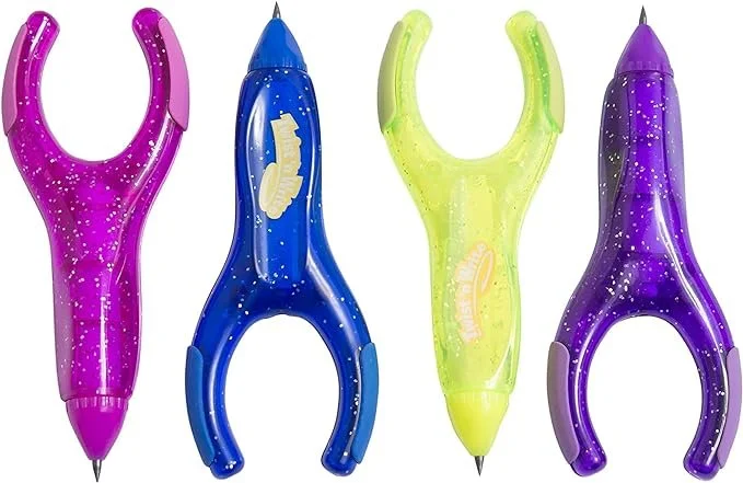 Four colorful pens designed to look like horseshoes or neck pillows in purple, blue, yellow, and purple with star patterns.