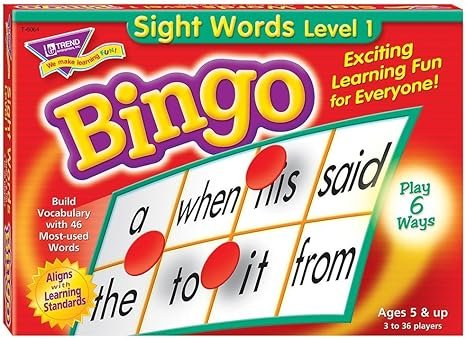 Bingo game box titled 'Sight Words Level 1' with colorful lettering and images of red bingo balls, stating 'Exciting Learning Fun for Everyone!' and instructions for ages 5 and up, 3 to 36 players.
