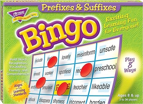 Box of educational Bingo game focusing on prefixes and suffixes, with a colorful design, showing a portion of a Bingo card with words like "include," "lovely," "mistrorm," and "unsafe," highlighting the game's features and age range for children 8 an