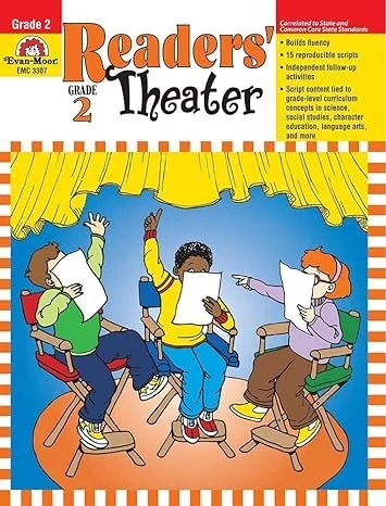 Three children sitting in chairs on stage, participating in a Readers' Theater performance. One girl is pointing, a boy is holding a paper, and another girl is raising her hand.