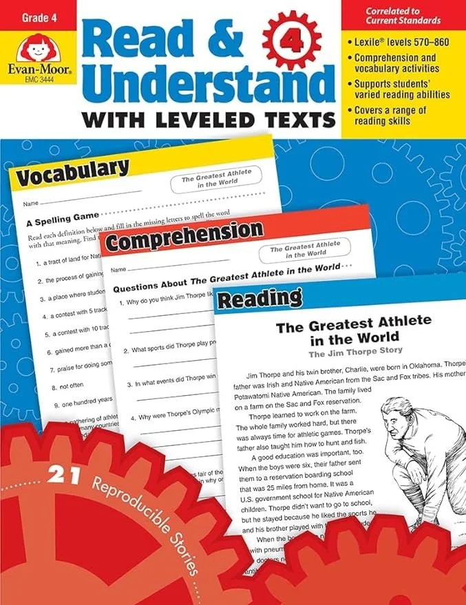 Cover of a Grade 4 reading and understanding workbook titled 'Read & Understand with Leveled Texts' by Evan-Moor, featuring sections on vocabulary, comprehension, and reading about 'The Greatest Athlete in the World' by Jim Thorpe.
