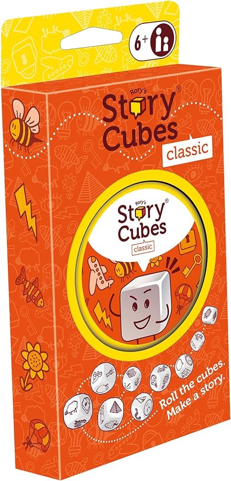 A box of Rory's Story Cubes Classic, a storytelling game for ages 6 and up, featuring die with various images to create stories.