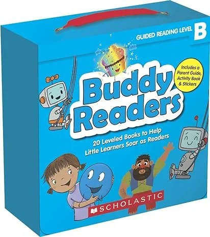 A blue box labeled 'Buddy Readers' contains 20 leveled books for children. The box features cartoon characters including two robots, a girl holding a blue character, and a bearded man, and mentions a parent guide, activity book, and stickers. It is d