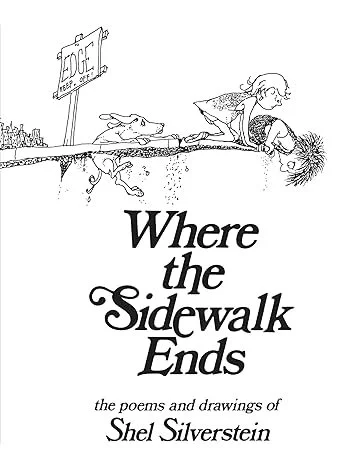 Cover of a book titled "Where the Sidewalk Ends" with a child drawing at the edge of a sidewalk, with a dog and a doghouse in the background.