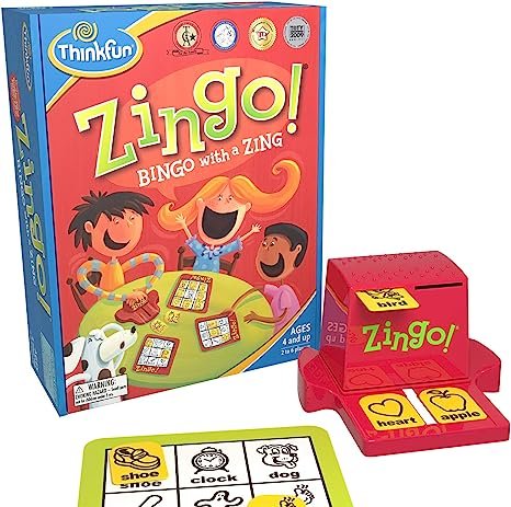 Image of a Zingo! Bingo game box, a red plastic Zingo! tile dispenser with tiles visible, and a Zingo! game card with images of a shoe, clock, dog, heart, and apple.