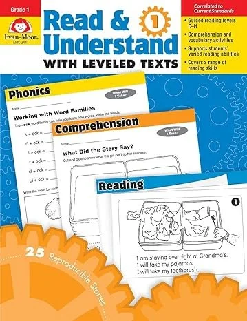 Cover of a children's educational book titled 'Read & Understand' with leveled texts. The cover features sections labeled 'Phonics,' 'Comprehension,' and 'Reading,' each with example pages shown. There is a yellow speech bubble indicating 25 reproduc