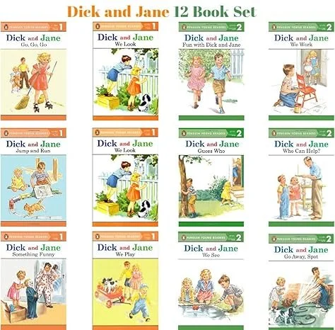 A collection of eight book covers for the 'Dick and Jane' series, each with colorful illustrations and titles such as 'Look,' 'We Look,' 'Fun with Dick and Jane,' and 'Go Away, Spot.'