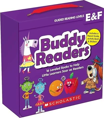 A purple set of teens called 'Buddy Readers' by Scholastic, containing 16 leveled children's books, with a red handle on top and illustrations of cartoon animals and a dog dressed as a scientist on the front.