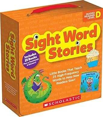 A Scholastic Sight Word Stories book set box with a red handle, orange background, and yellow title text. It features a cartoon dragon, a blue bird, and a cupcake illustration.