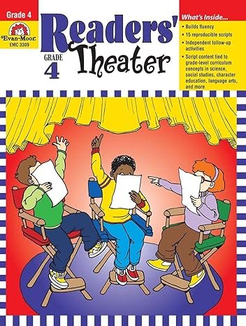 Cover of Reader's Theater Grade 4 book, showing four children on stage with yellow curtains, seated on chairs, performing a play with scripts in hand.
