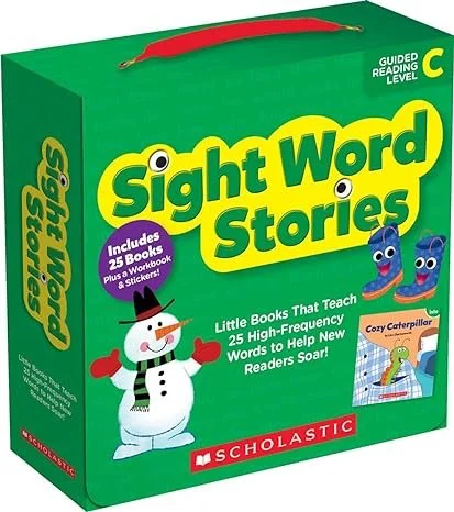 Green box of Scholastic Sight Word Stories with a red handle, featuring a snowman with a black top hat and red scarf, and a pair of colorful boots, promoting 25 high-frequency words for young readers.