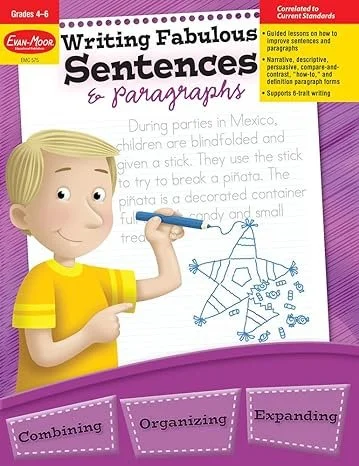 Cover of a children's writing workbook titled 'Writing Fabulous Sentences & Paragraphs' by Evan-Moor, for grades 4-6. The cover features an illustration of a blonde boy in a yellow shirt holding a pen and drawing a star with other shapes around it on