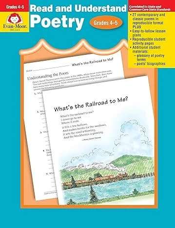 Educational workbook titled 'Read and Understand Poetry' for grades 4-5, featuring a cover with a puffy cloud, green hills, and a body of water, published by Evan-Moor.