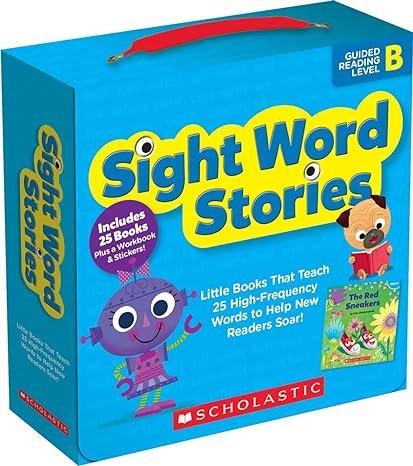 Blue box of Scholastic Sight Word Stories with a red handle, featuring an animated purple bug and a small girl reading a book, and a pamphlet titled 'The Red Sneakers'