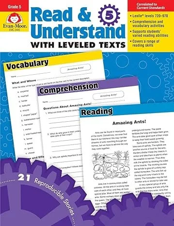 Cover of a reading comprehension workbook titled 'Read & Understand with Levelled Texts' for Grade 5, published by Evan-Moor. The cover features sections labeled 'Vocabulary,' 'Comprehension,' and 'Reading,' with a purple banner mentioning 21 reprodu