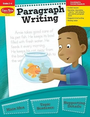 Cover of a children's educational book titled "Paragraph Writing" showing a boy with dark skin and short black hair holding a fishbowl with a goldfish inside.