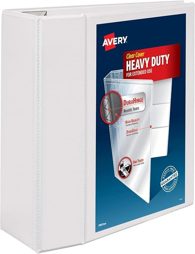 A white binder with a label showing a heavy-duty clear cover file folder, highlighting features like resistance to tears, high-quality material, split resistance, and easy opening and closing.
