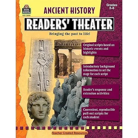 Ancient history Reader's Theater educational resource cover with images of ancient statues and ruins, purple and orange design elements, and text describing features for grades 5-8.