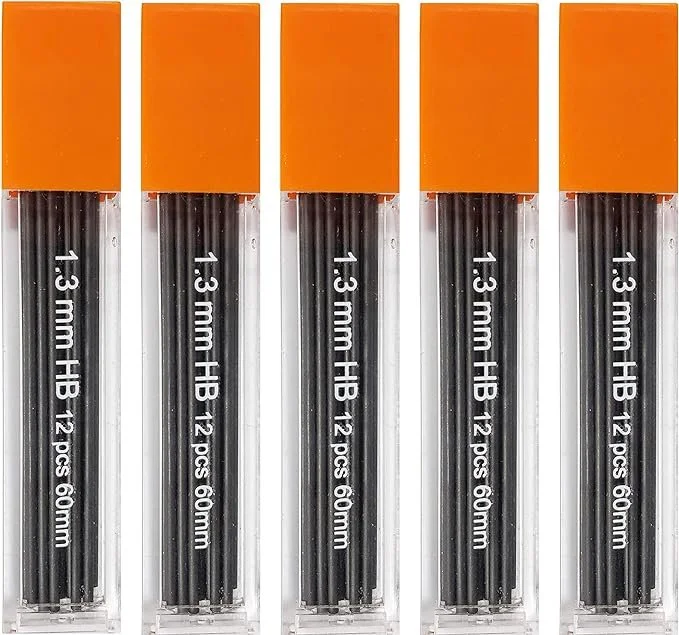 Five sets of black 13mm HB pencils in clear plastic cases with orange caps.