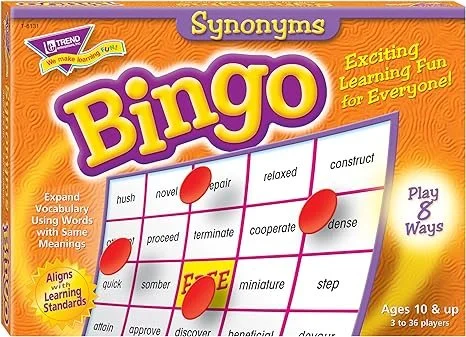 Bingo game sheet with words like 'hush,' 'novel,' 'repair,' 'construct,' 'proceed,' 'terminate,' 'cooperate,' 'dense,' 'quick,' 'sombre,' 'miniature,' 'step,' 'attain,' 'approve,' 'discover,' and 'beneficial.' The words are connected with red markers