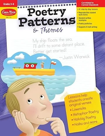 Cover of a poetry workbook titled 'Poetry Patterns & Themes' showing a smiling child thinking with a thought bubble of a yellow boat on water with a small flag, and a list of lessons for creating poems.
