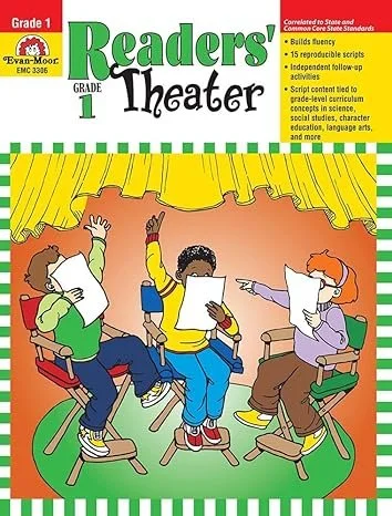 Children sitting on chairs on a stage, participating in a theater performance, with yellow curtains above.