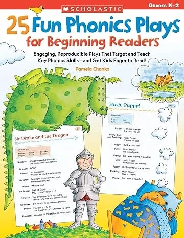 Cover of a children's book titled '25 Fun Phonics Plays for Beginning Readers,' featuring a green cartoon dinosaur, a knight, a duck in a boat, and a puppy on a pond, with clouds and grass in the background.