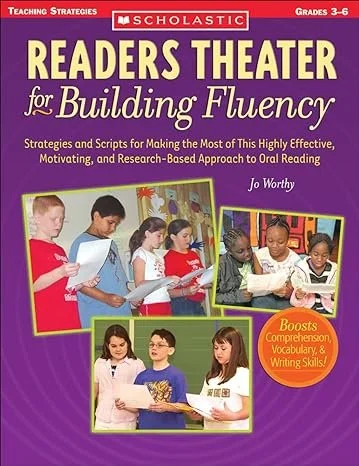 Book cover titled "Readers Theater for Building Fluency" by Jo Worthy, featuring children performing in a classroom setting.