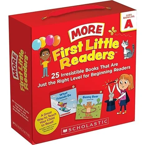 A red box of More First Little Readers, a children's book set with 25 beginner books for early readers, featuring illustrations of children and animals.