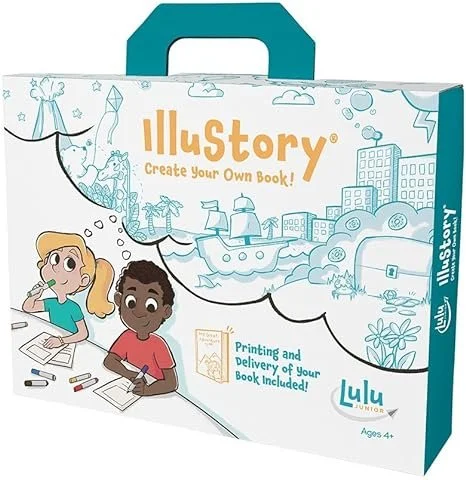Box for Illustory create your own book kit, featuring illustrations of children drawing and a whimsical cityscape with boats and clouds.