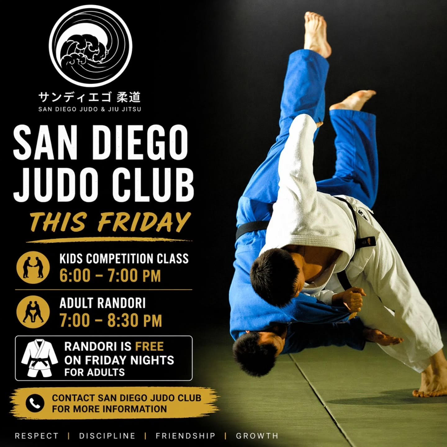 Stronger together 🥋

San Diego Judo Club is a proud member of the PSJA. We encourage everyone to visit our partner clubs and take advantage of their randori nights&mdash;more opportunities to train, learn, and build connections across our judo commu