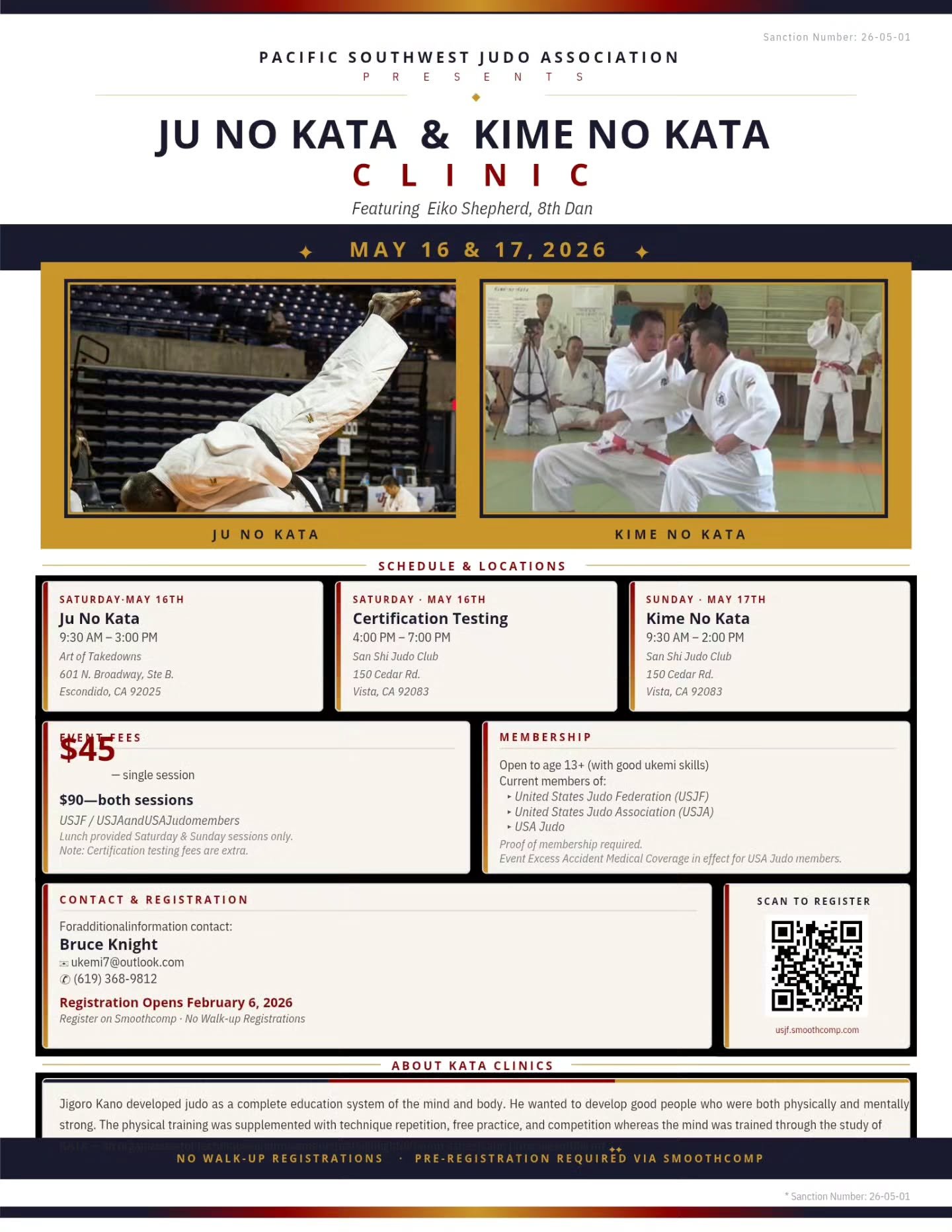 🥋 JU NO KATA &amp; KIME NO KATA CLINIC 

Join the Pacific Southwest Judo Association for a special weekend of kata training featuring Eiko Shepherd, 8th Dan on May 16&ndash;17, 2026!

Whether you&rsquo;re looking to sharpen technique, prepare for pr