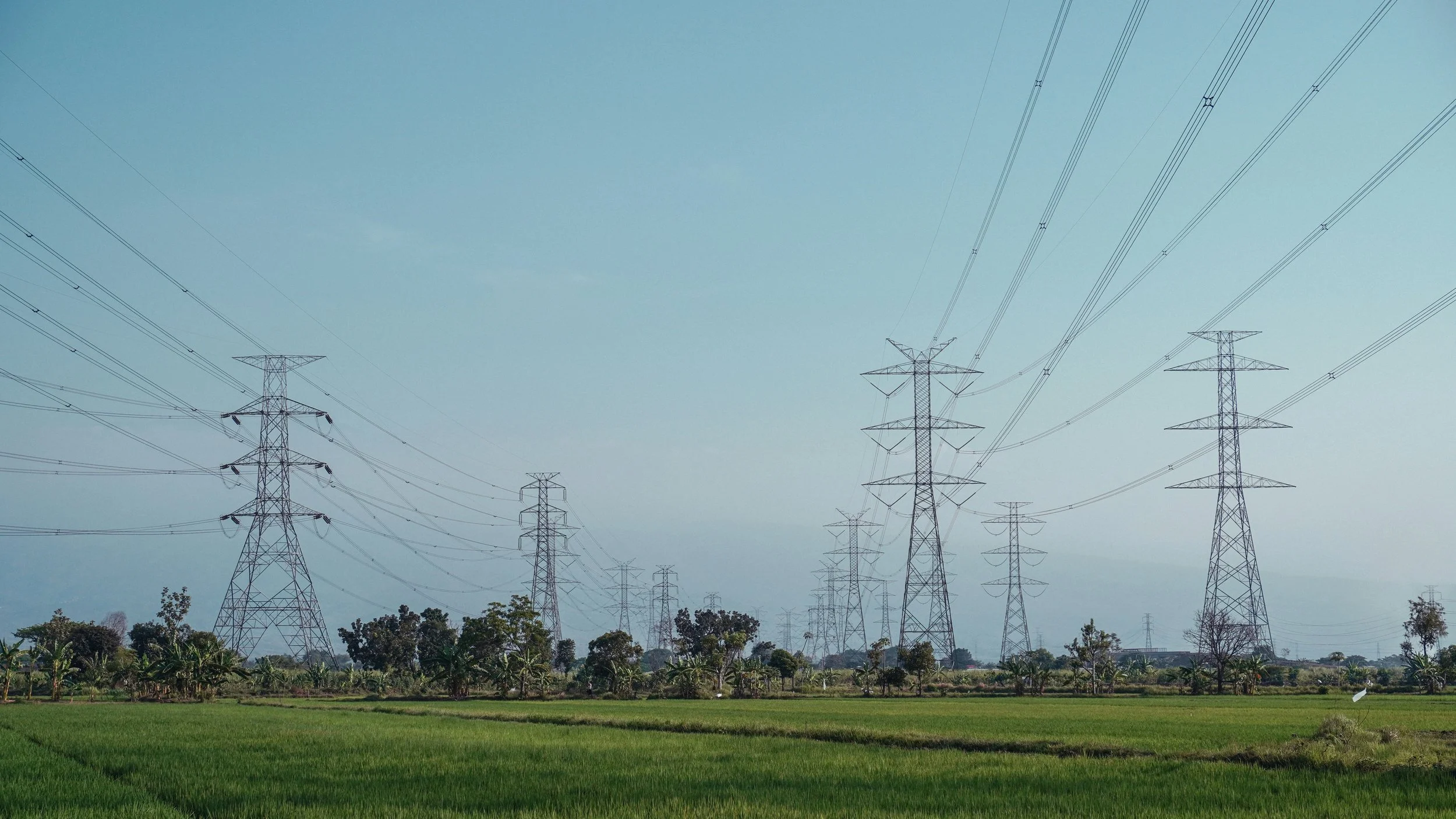A landscape scene with green fields and trees in the foreground, and multiple power transmission towers with electrical lines extending across the sky in the background.