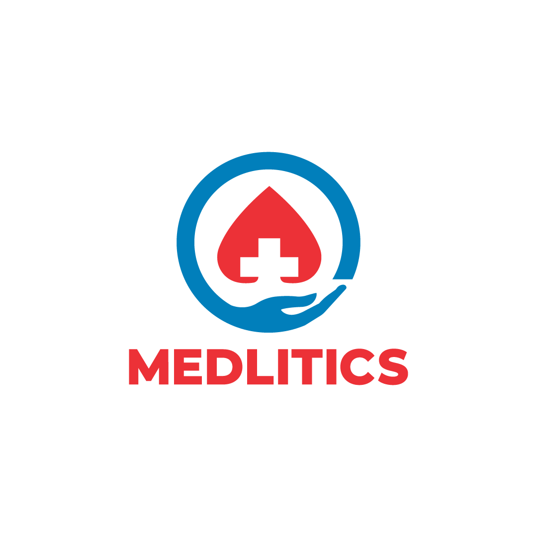 Logo for Medlitics featuring a red blood drop with a white cross inside, encircled by a blue hand beneath the blood drop, with the word 'MEDLITICS' in bold red letters below.