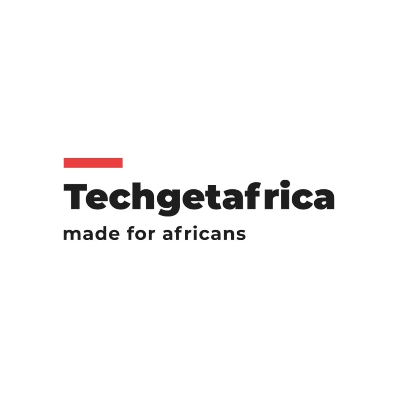 Logo for Techgetafrica with the tagline made for africans, featuring a red horizontal bar above the text on a white background.