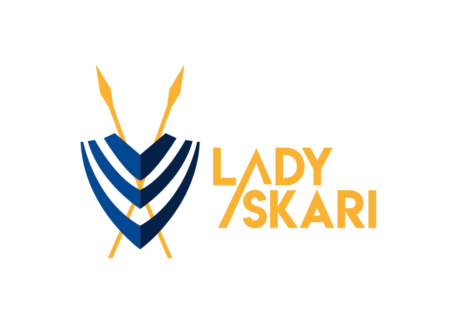 Logo with a stylized shield or emblem in blue and gold, and the text 'LADY SKARI' in gold letters to the right of the emblem.