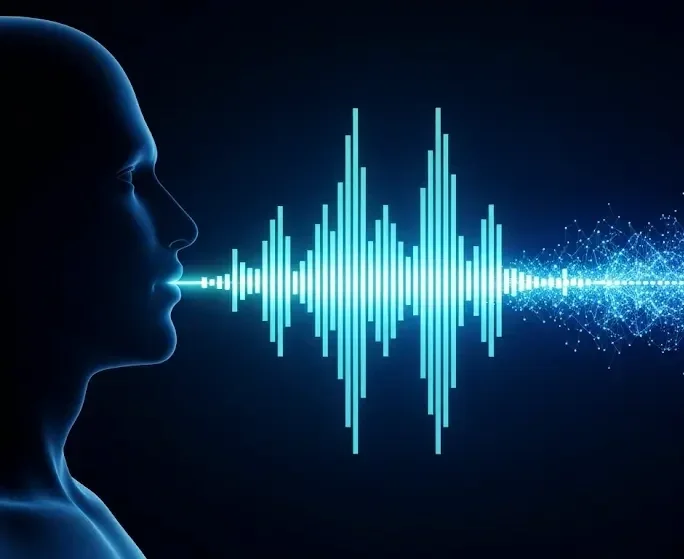 A digital illustration of a human face in profile with sound waveforms emanating from the mouth, representing voice or sound.