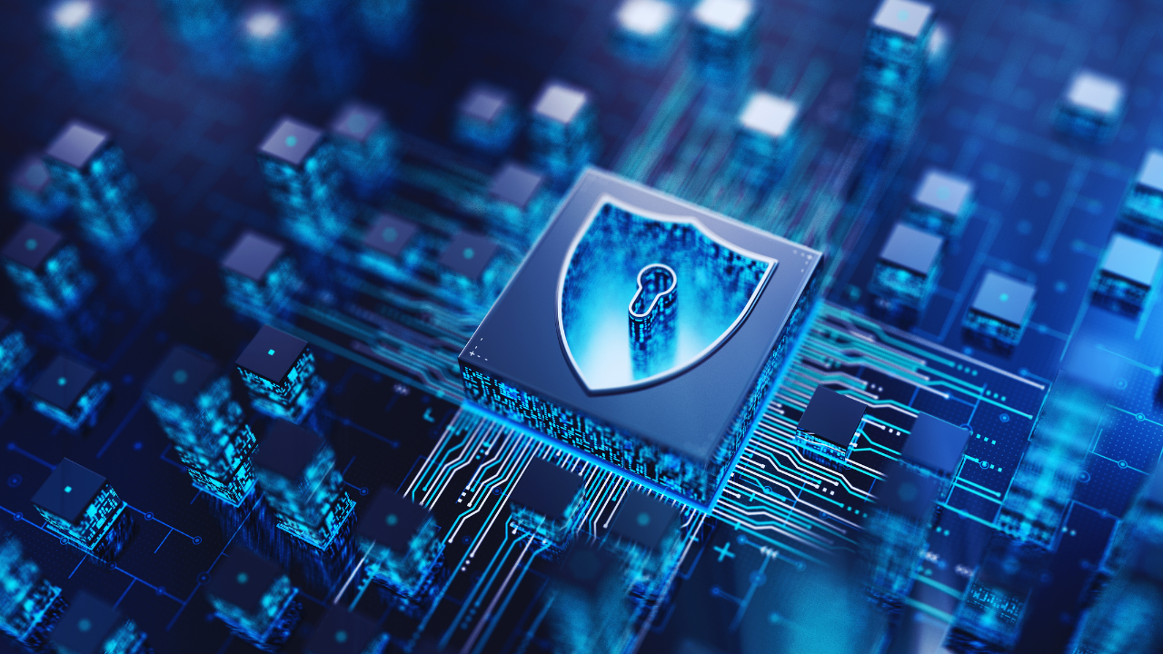 Digital illustration of a computer chip with a shield and lock symbol on it, representing cybersecurity or data protection.