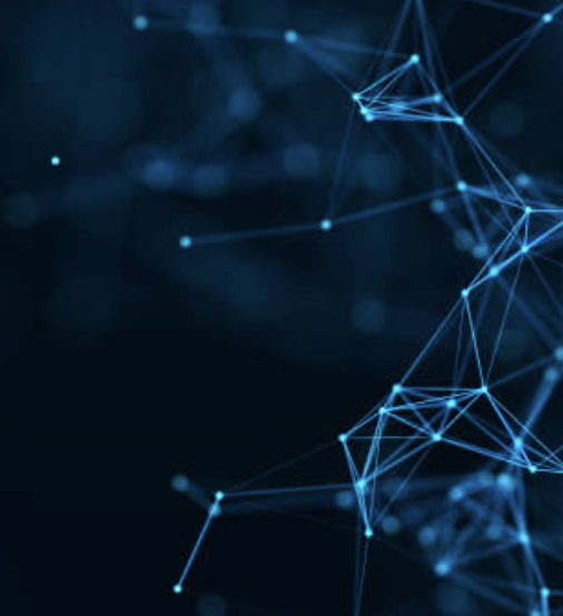 Digital network with interconnected glowing blue nodes and lines on dark background.