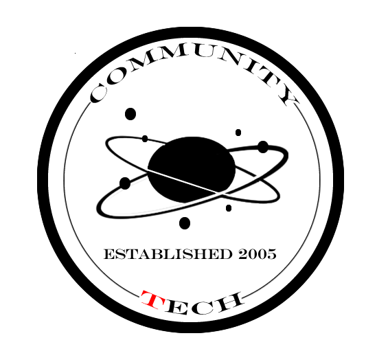 A circular emblem with the words 'Community Tech' and 'Established 2005', featuring a graphic of a black sphere with orbiting paths and smaller dots, symbolizing technology and community.