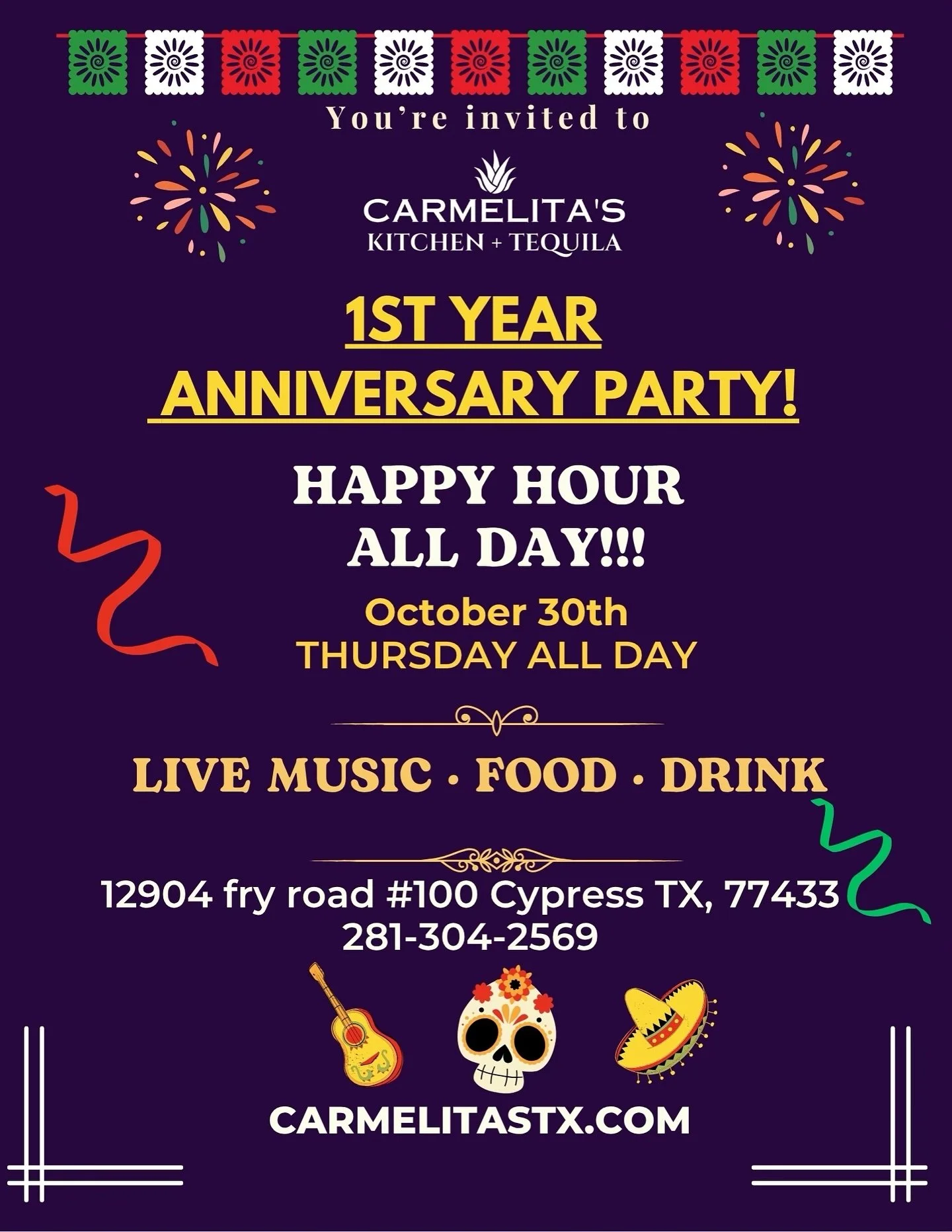 📣FIESTA ALERT❕Join us as to celebrate our 1 YEAR ANNIVERSARY October 30th this upcoming THURSDAY with HAPPY HOUR ALL DAY & LIVE MUSIC🎉 ❕❕❕ 
#cypresstx
#katytexas
#houstonmexicanfood
#restaurantanniversary
#houstonmexicanfood
#houstonhappyhour
#