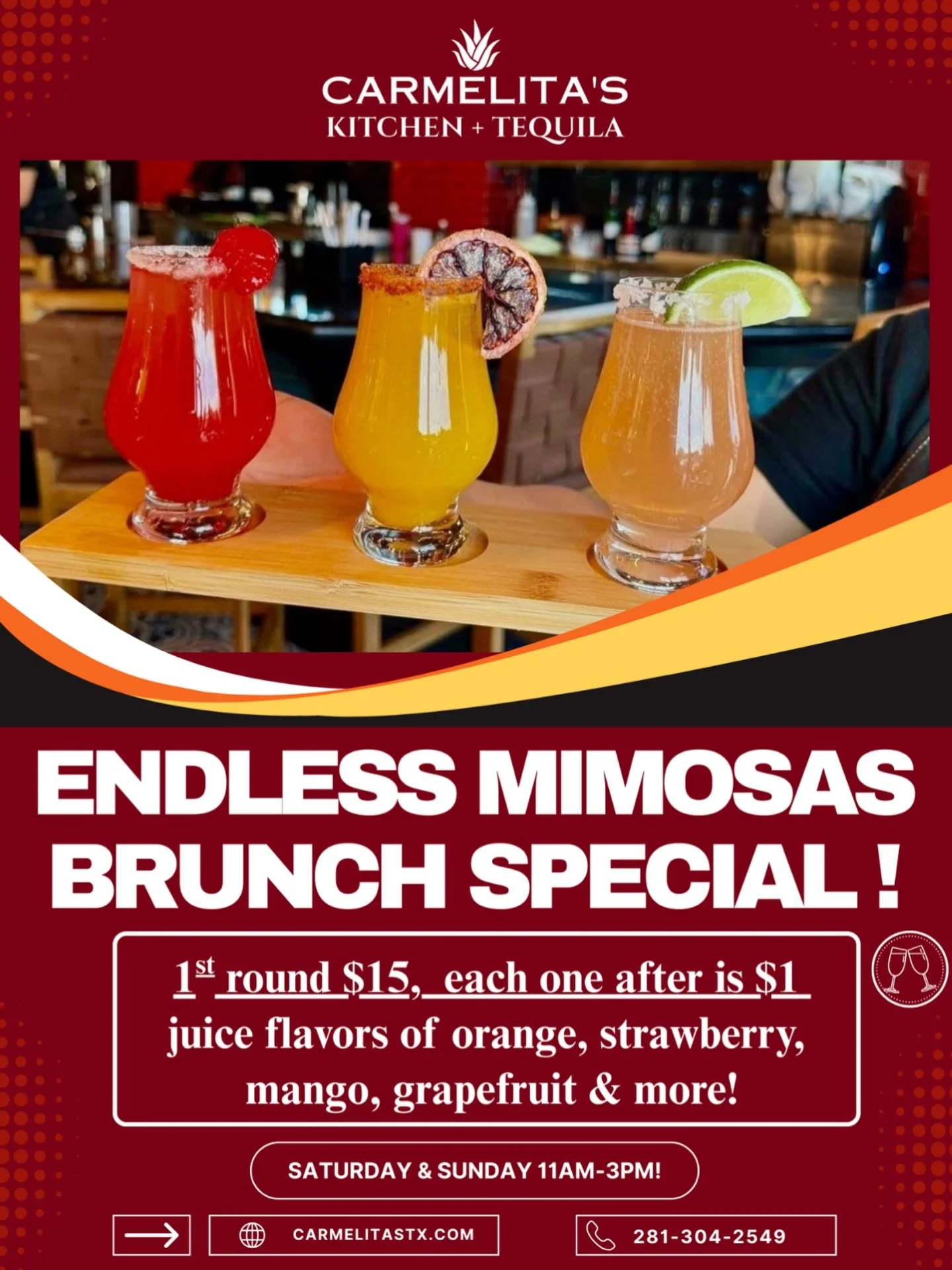 🔊ENDLESS MIMOSAS 🍾 BRUNCH SPECIAL ALERT! 🚨
1st round at $15 then every serving after is $1 until brunch is over! Saturday &amp; Sunday from 11am-3pm
#brunchtexas 
#cypresstxbrunch 
#cypresstx 
#houstonbrunch 
#houstonbottomlessmimosas 
#bottomless