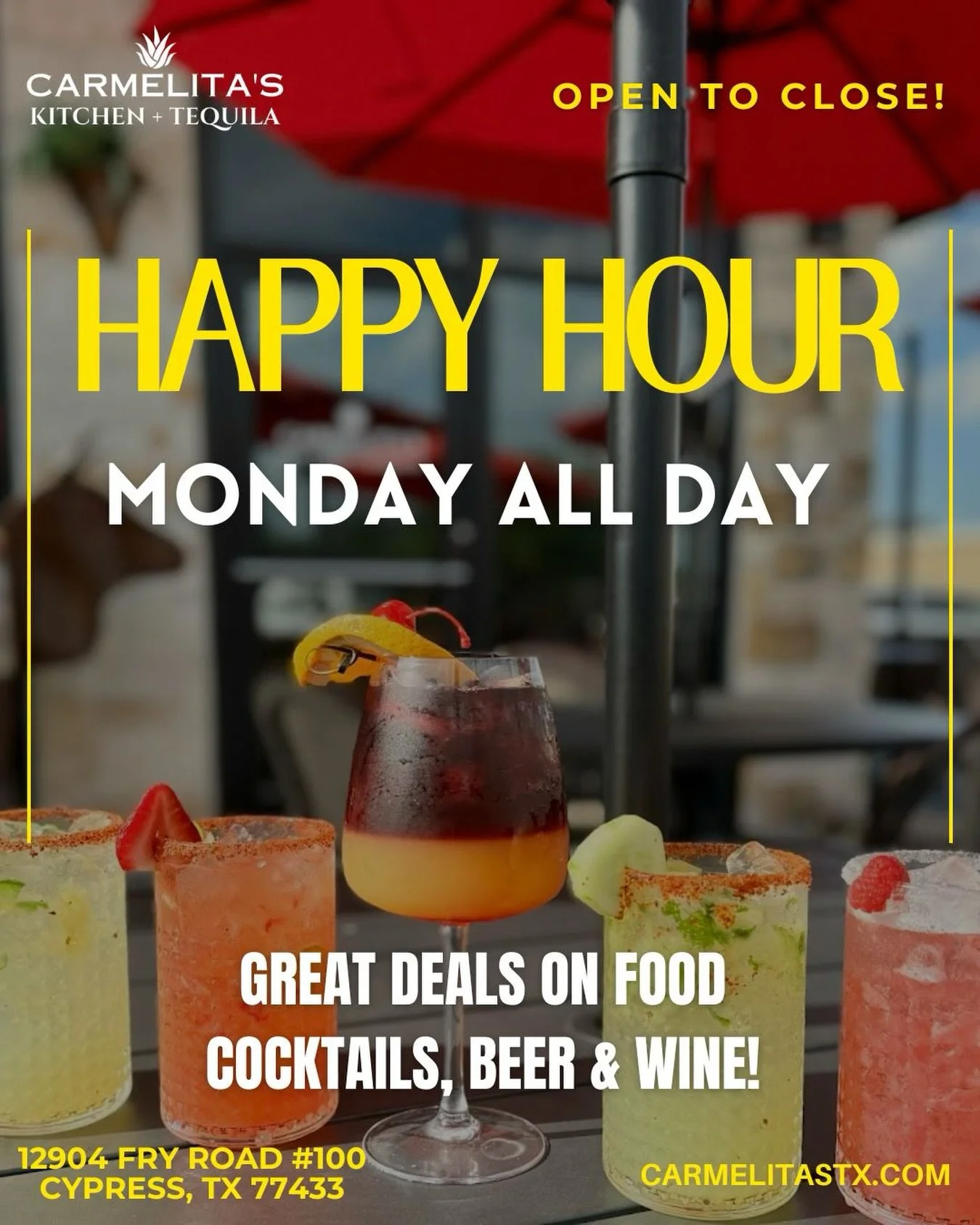 ❇️HAPPY HOUR ALL DAY MONDAYS !!!!!
From open to close from food bites and great deals on our margaritas and more! We have you covered!!!
#cypresstx #houstonhappyhour 
#katytx 
#cypresstexas 
#houstonrestaurants