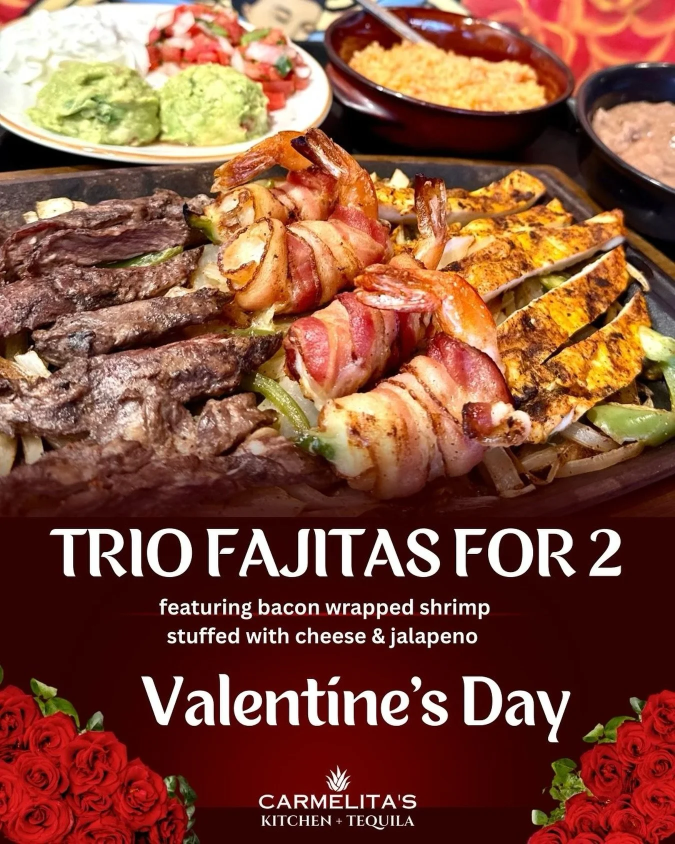 ✅TRIO FAJITAS FOR 2! Featuring bacon wrapped shrimp stuffed with cheese &amp; jalapeno! Join us for Valentines Day! ❤️&zwj;🔥
#cypresstx 
#katytx 
#houstonrestaurants 
#valentinesday 
#cypresstexas