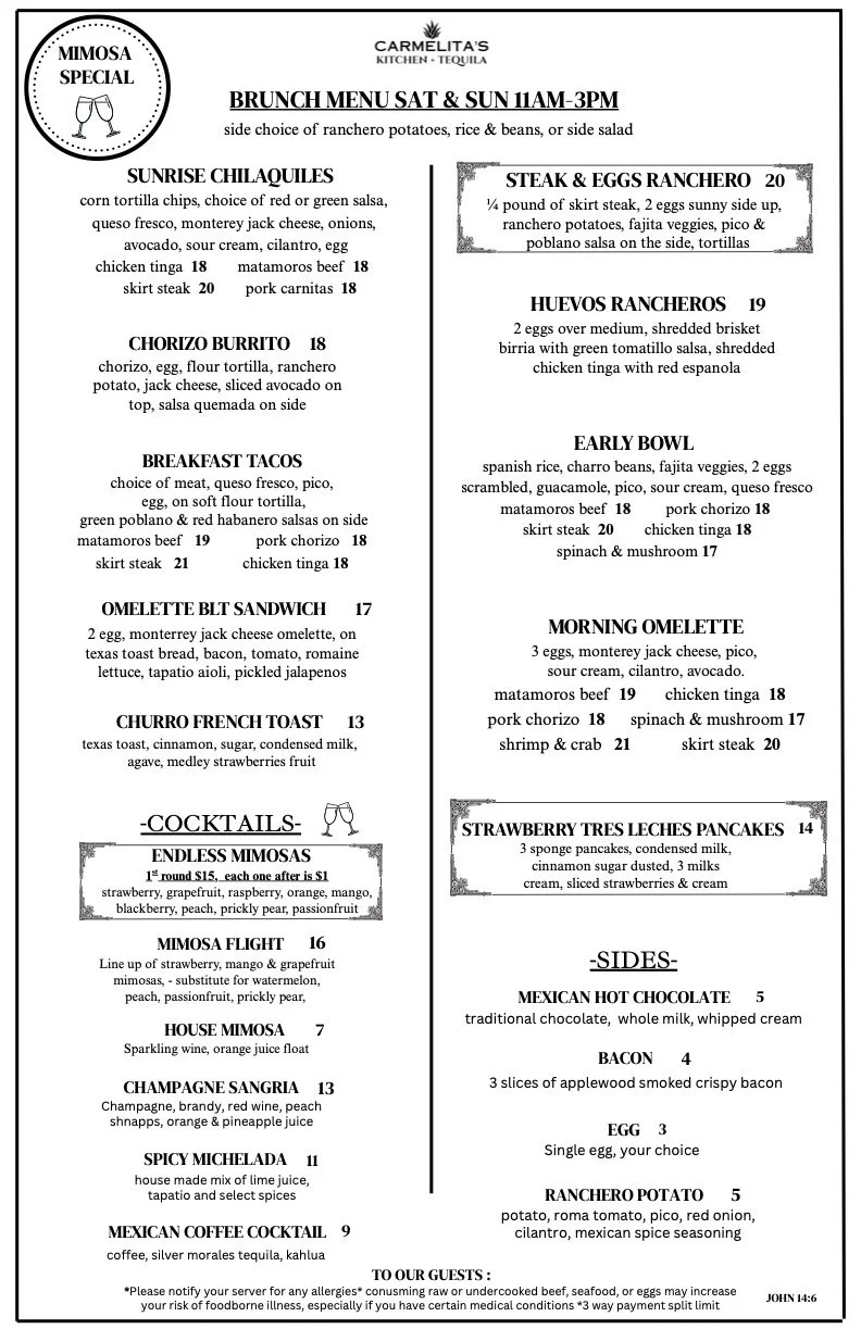 Brunch menu from Carmelita's Kitchen & Tequila, featuring options like Sunrise Chilaquiles, Steak & Eggs Ranchero, Huevos Rancheros, Breakfast Tacos, Omelette BLT Sandwich, Churro French Toast, and various cocktails, pancakes, and side dishes.