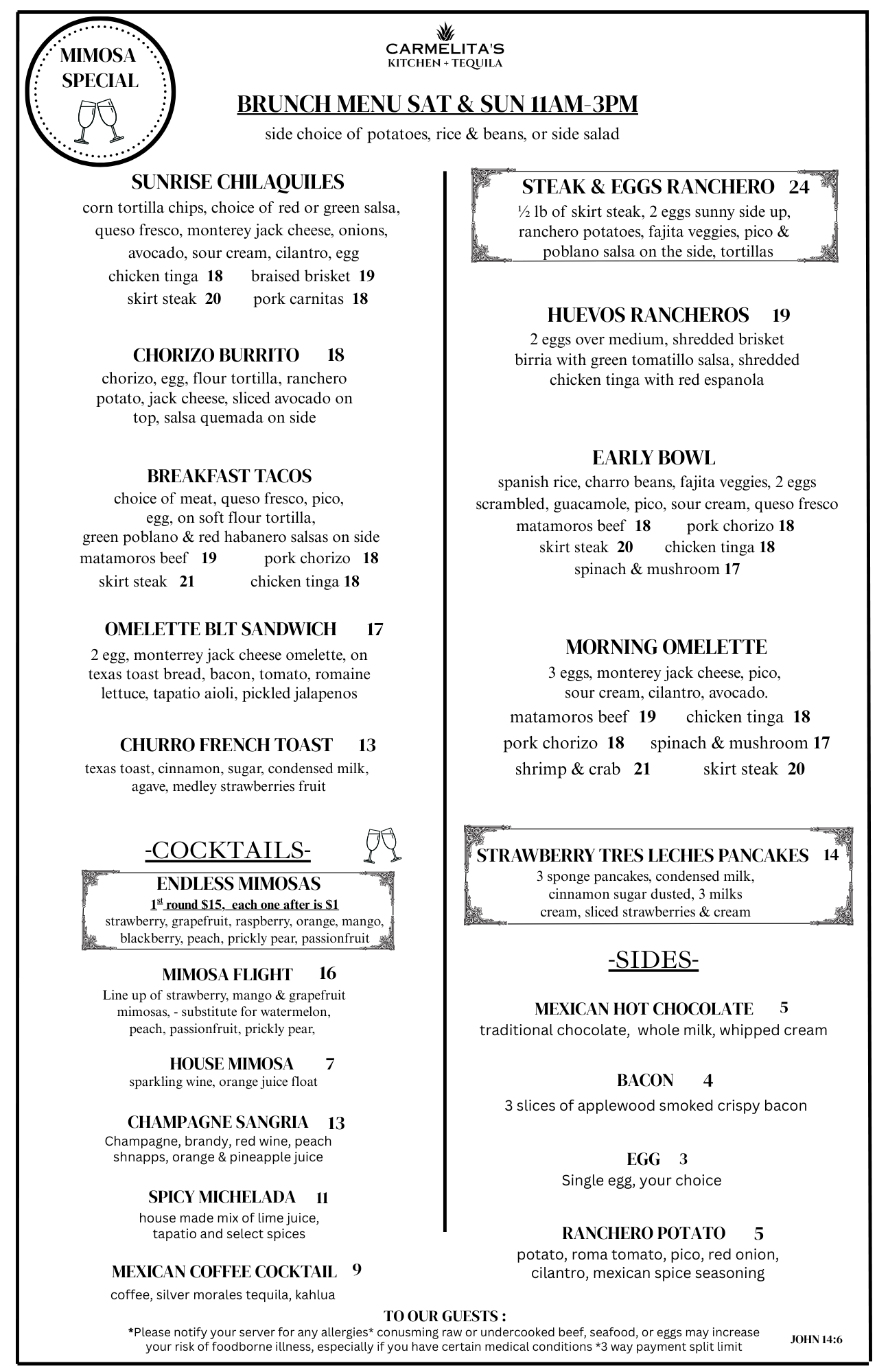 Brunch menu from CarmelitA's Kitchen + Tequila, featuring options such as Sunrise Chilaquiles, Steak & Eggs Ranchero, Huevos Rancheros, Early Bowl, Breakfast Tacos, Omelette BLT Sandwich, Churro French Toast, and various cocktails and sides.